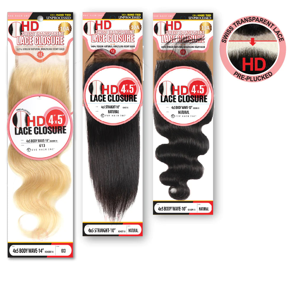 EVE HAIR HD SWISS TRANSPARENT 4*5 LACE CLOSURE