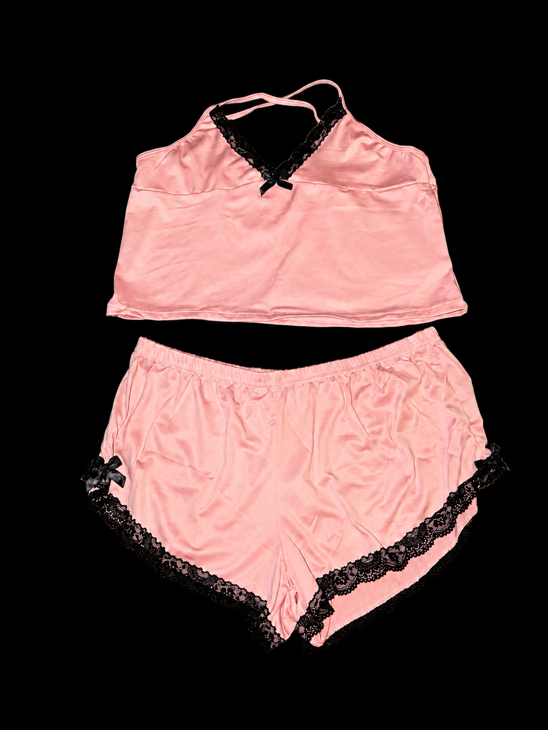 🎀 Blush Pink Satin Lace Pajama Set